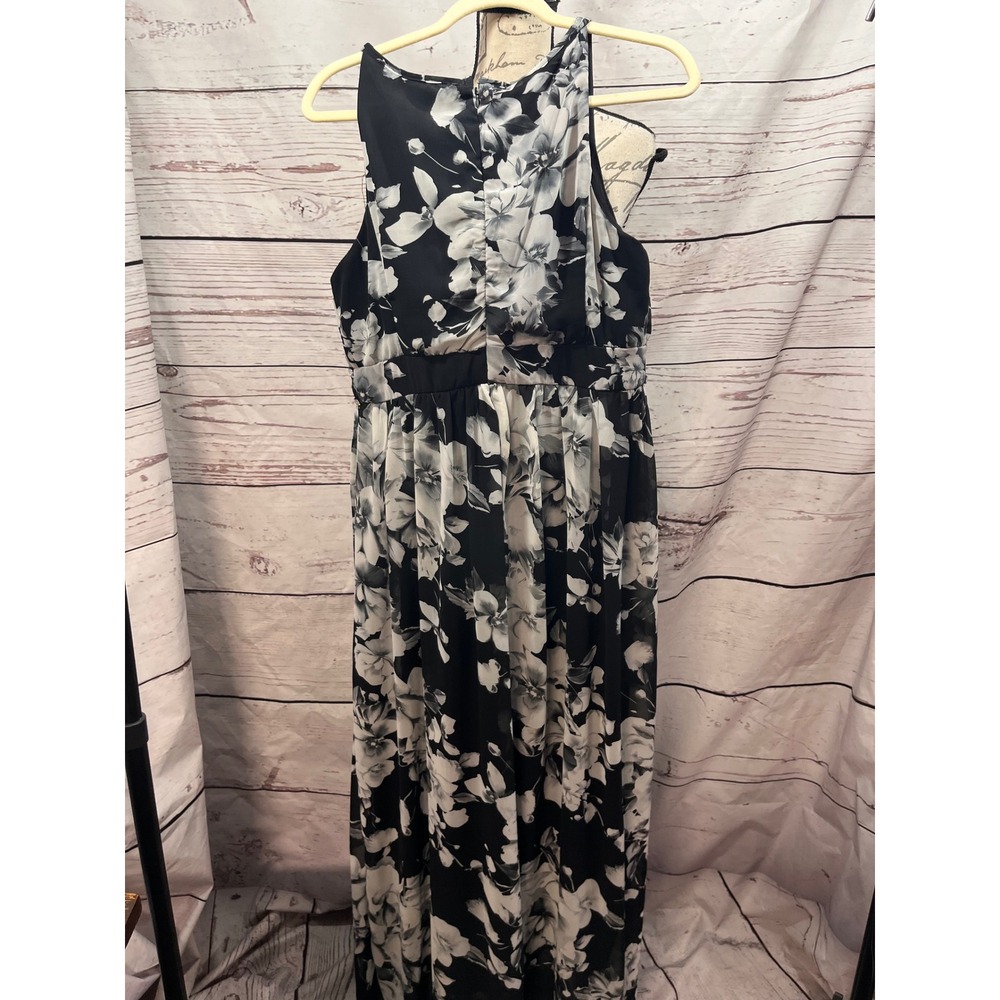 R&M Richards Womens Size 16 Black White Floral Rhinestone Empire Maxi Dress
